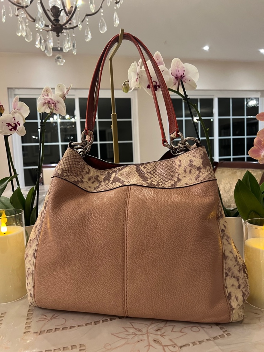 Coach Lexy 2017 Nude Pink Pebble Leather Python Trim Luxe Shoulder Tote EUC